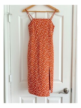Zara Orange Floral Midi Dress Side Slit Strappy Summer Dress Size Small